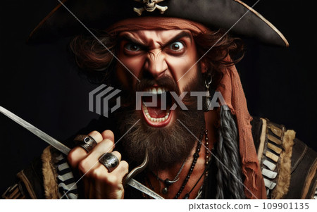 Man pirate against dark background screaming Man pirate against dark background screaming 109901135