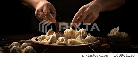 a person dumping dumplings into other food a person dumping dumplings into other food 109901136