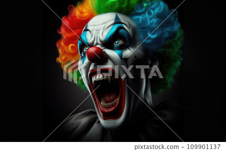 A portrait of an angry crazy clown from a horror film with a hammer. Halloween, carnival. 109901137