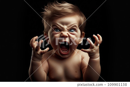 An angry little child screams on a black background 109901138