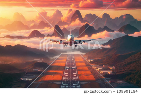Passenger aircraft takes off from the airport runway. In the background orange sunset sky Passenger aircraft takes off from the airport runway. In the background orange sunset sky 109901184