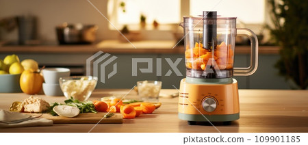 a food processor in a kitchen is taking carrots 109901185