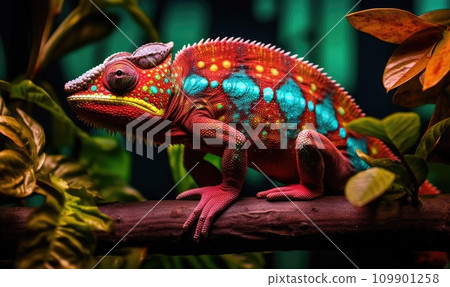 a chameleon is perched on a tree branch 109901258