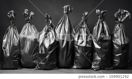Black garbage bags stack or waste plastic bags isolated on white background, environment concept Black garbage bags stack or waste plastic bags isolated on white background, environment concept 109901292