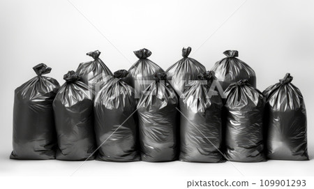 waste, black garbage bags plastic pile stack isolated on white