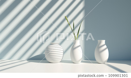 White table illuminated by sunlight with leaf shadows, white podium table with vase and leaf plants for products design and text background 109901301