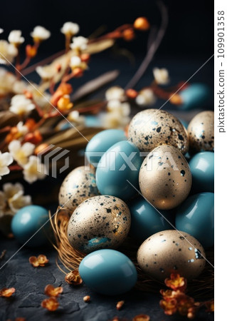 Easter frame of pink pastel colorful eggs. Religion tradition. Generative AI 109901358