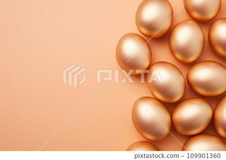 Easter trendy pattern of golden and peach fuzz eggs. Religion tradition. Generative AI 109901360