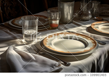 Table setting with flowers and decor in light colors 109901403