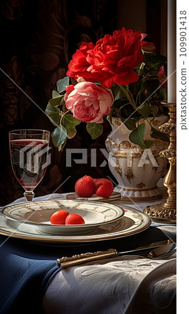 classic table setting in dark colors classic table setting in dark colors 109901418