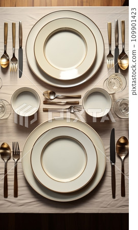 Top view of a set table with empty plates and glasses Top view of a set table with empty plates and glasses 109901423