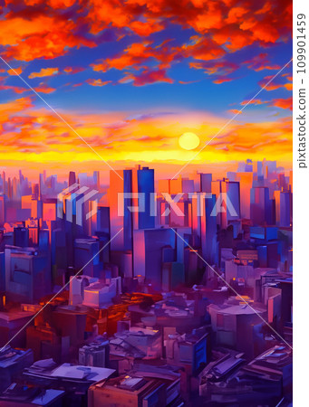 日落時一座建築城市的插圖 109901459