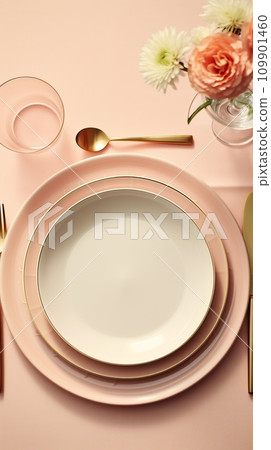 Top view of a set table with empty plates and glasses Top view of a set table with empty plates and glasses 109901460