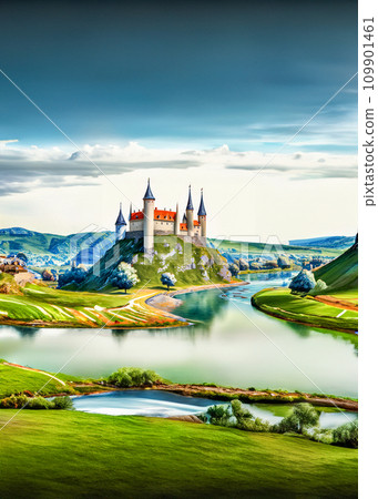 沿河一座中世紀歐洲城堡的插圖 109901461