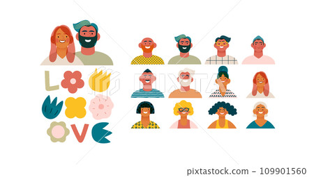 Valentine: Spectrum of Love - modern flat vector concept illustration of a vibrant array of individual portraits celebrating love's diverse expressions. Metaphor for the universal language of love Valentine: Spectrum of Love - modern flat vector concept illustration of a vibrant array of individual portraits celebrating love's diverse expressions. Metaphor for the universal language of love 109901560