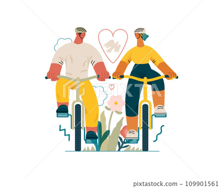 Valentine: Tandem Journey - modern flat vector concept illustration of a couple riding the bicycles together. Metaphor for the synchronized journey of a relationship 109901561