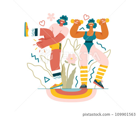 Valentine: Fitness Duo - modern flat vector concept illustration of a couple engaging in a fun aerobics workout together. Metaphor for the strength and vitality of their partnership Valentine: Fitness Duo - modern flat vector concept illustration of a couple engaging in a fun aerobics workout together. Metaphor for the strength and vitality of their partnership 109901563