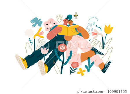 Valentine: Literary Love - modern flat vector concept illustration of a couple enjoying a book together in a serene natural setting. Metaphor for shared interests and intellectual harmony Valentine: Literary Love - modern flat vector concept illustration of a couple enjoying a book together in a serene natural setting. Metaphor for shared interests and intellectual harmony 109901565