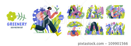 Greenery, ecology -modern flat vector concept illustration of people and plants. Metaphor of environmental sustainability and protection, closeness to nature, green life, ecosystem and biosphere 109901566