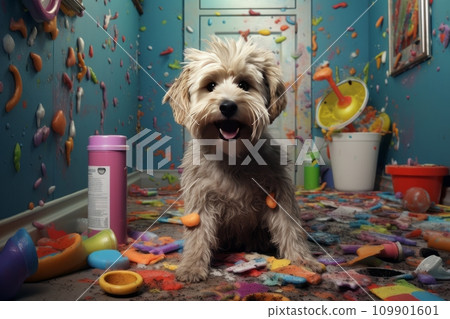 Mischievous dog chewed and scattered toilet paper Mischievous dog chewed and scattered toilet paper 109901601