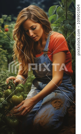 Gardener works in her garden with tomato bushes 109901604