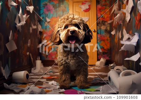 Mischievous dog chewed and scattered toilet paper Mischievous dog chewed and scattered toilet paper 109901608