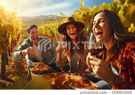 A group of young friends at a winery tasting wine A group of young friends at a winery tasting wine 109901609