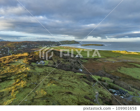 Aerial view of Castlegoland hill by Portnoo - County Donegal, Ireland. Aerial view of Castlegoland hill by Portnoo - County Donegal, Ireland. 109901658