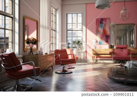 a salon room with pink furniture and chairs a salon room with pink furniture and chairs 109901811