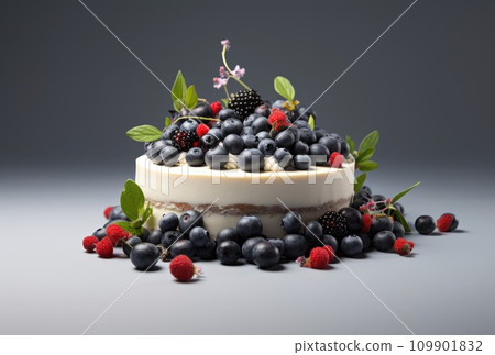 a cheesecake covered in fruit and leaves 109901832