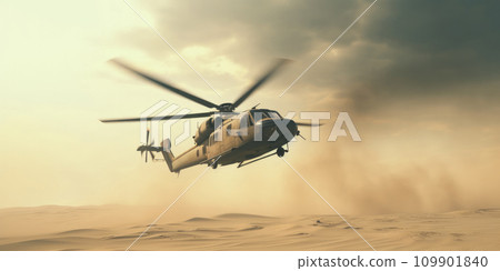 a helicopter flies over a sand military 109901840