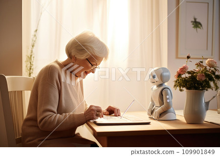 a female elderly lady playing with a smart robot 109901849