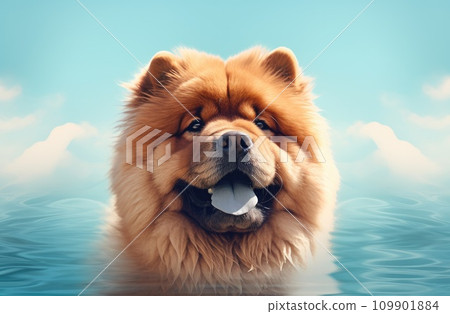 a chow chow is looking at some water on a green background 109901884