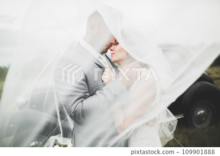 Just married couple in the luxury retro car on their wedding day 109901888