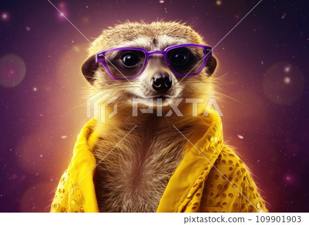 a meerkat in a yellow and purple outfit 109901903
