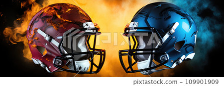 a black fire in the background and a white football helmet in the center 109901909
