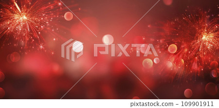 AI-generated content. Abstract background with red fireworks, sparkles, shiny bokeh glitter lights 109901911