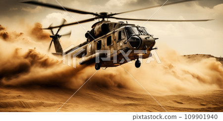 a military helicopter flying over the sand a military helicopter flying over the sand 109901940