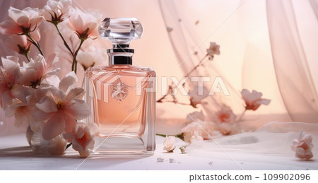 a large perfume bottle and pink flowers are presented in this photograph a large perfume bottle and pink flowers are presented in this photograph 109902096