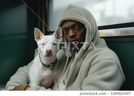 a man sits on a white dog in an open window 109902097