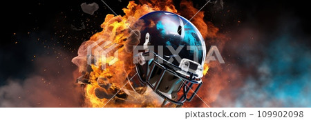 a black fire in the background and a white football helmet in the center 109902098