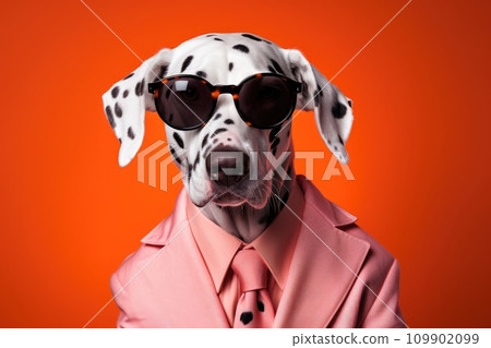 a dalmatian is wearing sunglasses and a pink and orange suit a dalmatian is wearing sunglasses and a pink and orange suit 109902099
