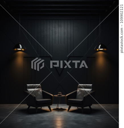 a dark room with 2 black chairs 109902121