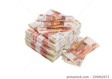 Large pile of Russian rubles in bundles Large pile of Russian rubles in bundles 109902671