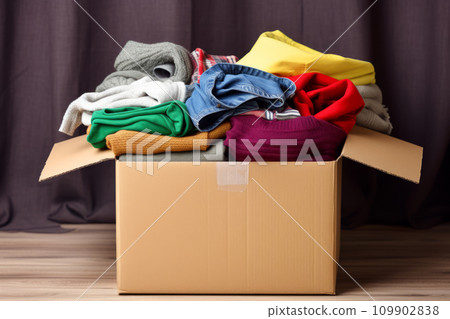 Clothes donation. Box of use old cloth. Preparing garment at home before donate. Generative AI 109902838