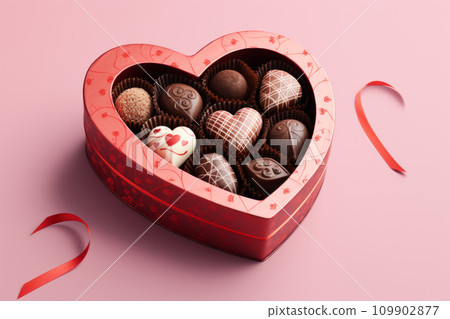 Valentine's Day chocolate box. Chocolate pralines in heart shaped box. Generative AI 109902877