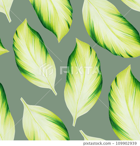 Watercolor realistic tropical seamless pattern illustration leaf isolated on white background. Beautiful botanical hand painted floral elements. For designers, spa decoration, postcards, wedding Watercolor realistic tropical seamless pattern illustration leaf isolated on white background. Beautiful botanical hand painted floral elements. For designers, spa decoration, postcards, wedding 109902939