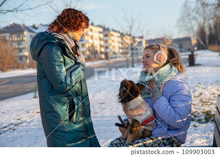 The girl met her friend while walking her dog. 109903003
