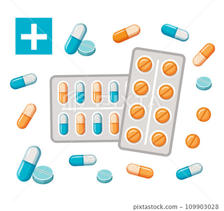 Pharmacy medicine drug pills, medical capsule, vitamin tablet blister package icon set. Pharmaceutical medication. Painkiller, antibiotic for health, disease treatment. Nutrition supplement vector Pharmacy medicine drug pills, medical capsule, vitamin tablet blister package icon set. Pharmaceutical medication. Painkiller, antibiotic for health, disease treatment. Nutrition supplement vector 109903028