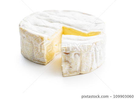 Brie type cheese with white mold. French camembert cheese isolated on white background. 109903060